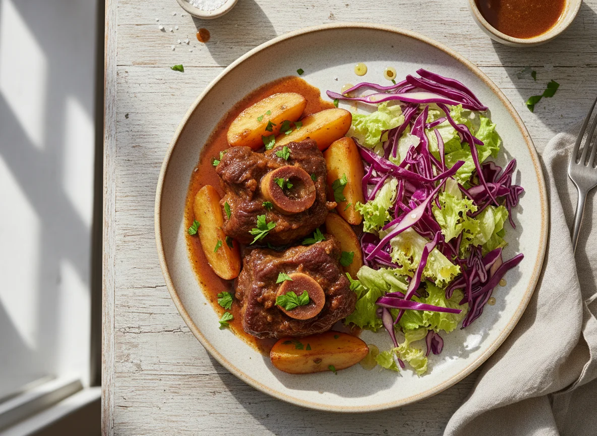 Rabada com Batatas e Salada de Repolho Roxo photo