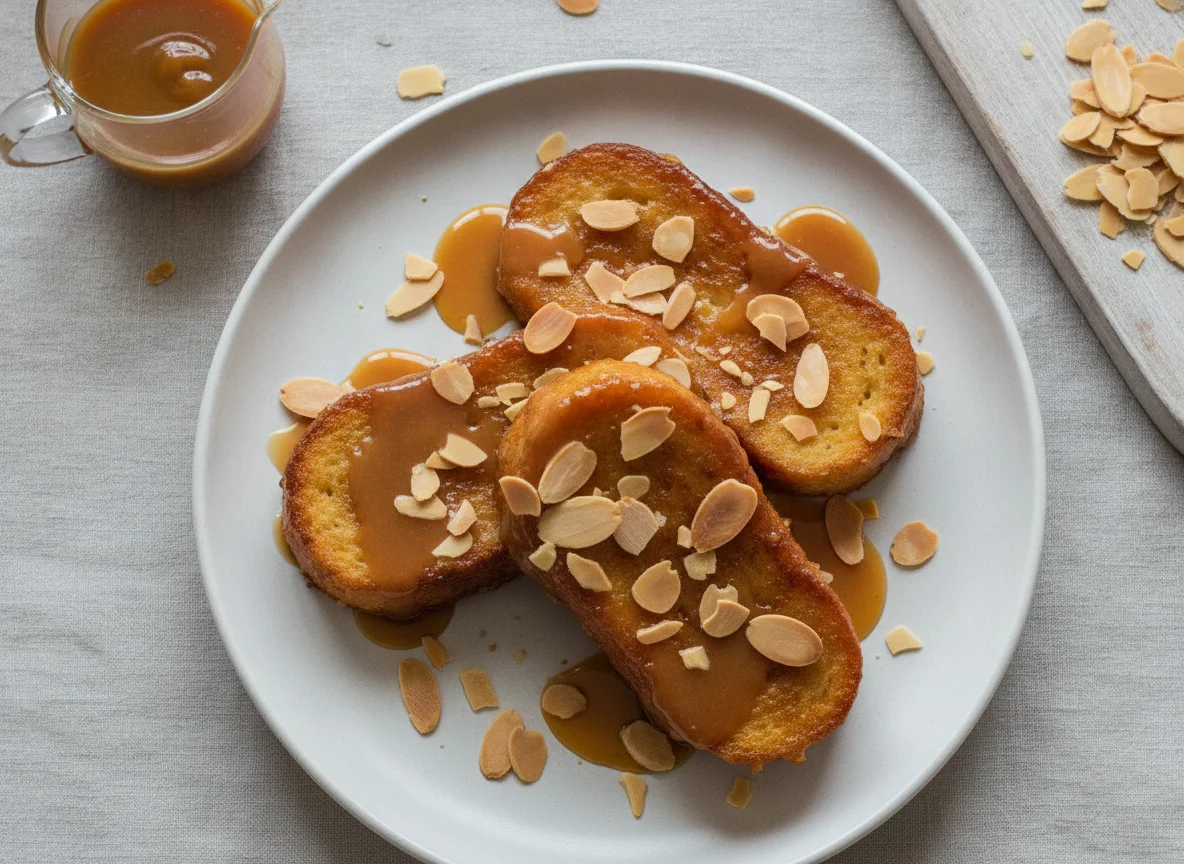 Rabanada com molho de caramelo e amêndoas photo