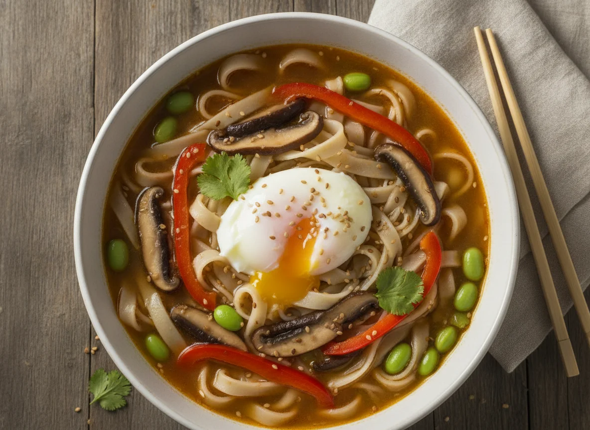 Ramen com ovo escalfado e vegetais photo
