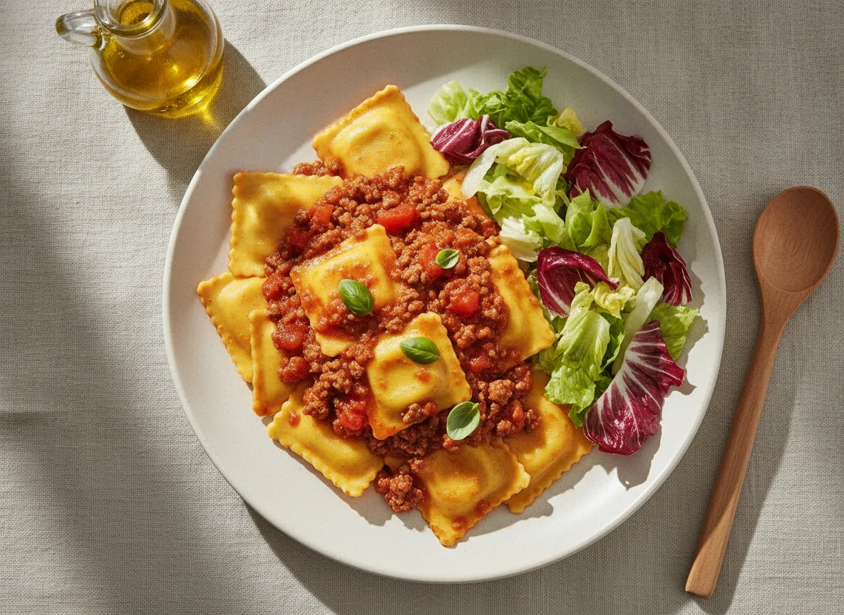 Ravioli à Bolonhesa com Salada Verde photo