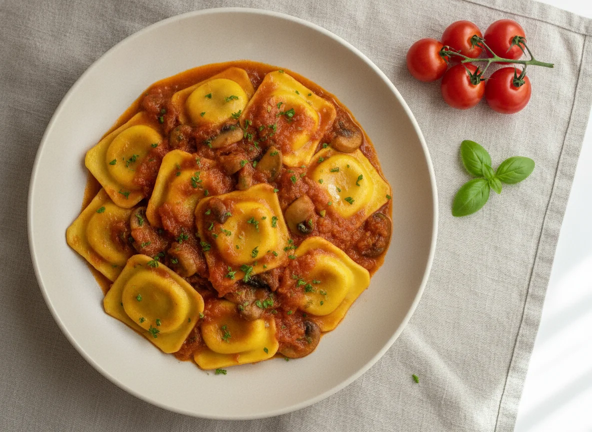 Ravioli ao molho de tomate com cogumelos photo