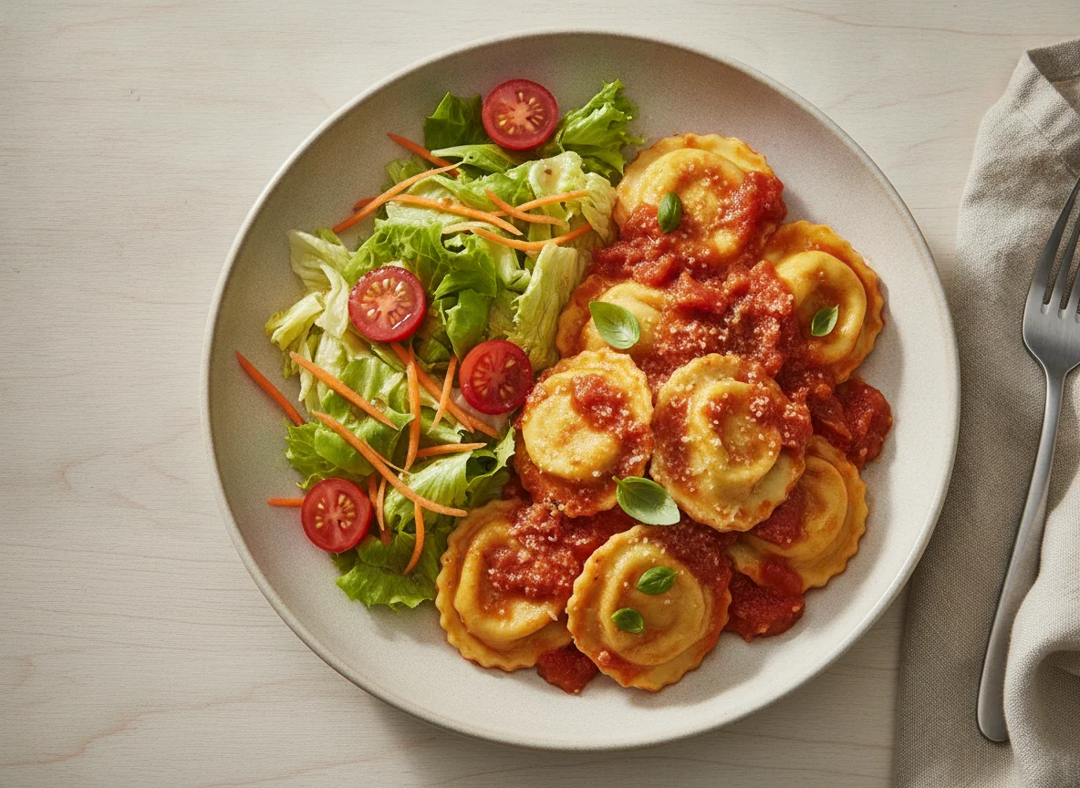 Ravioli ao molho de tomate com salada mista photo