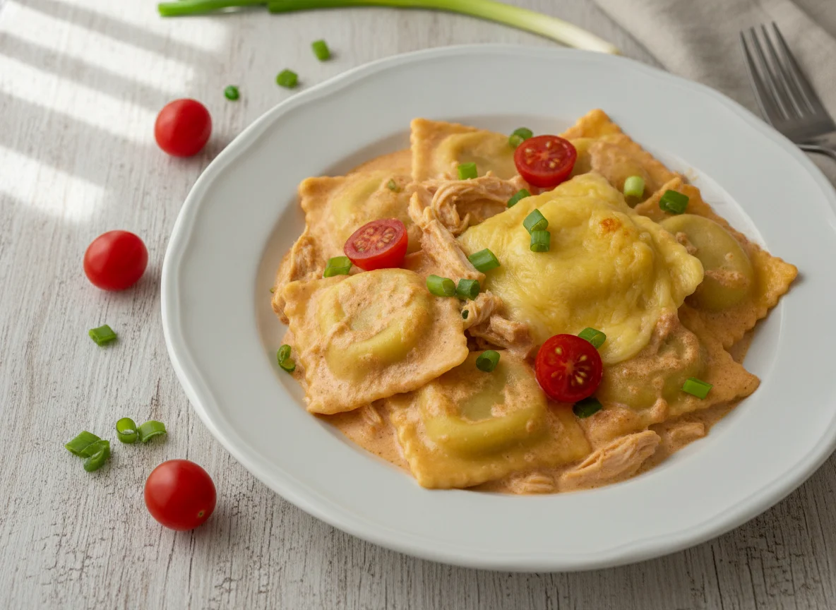 Ravioli ao molho rosé com frango e cebolinha photo