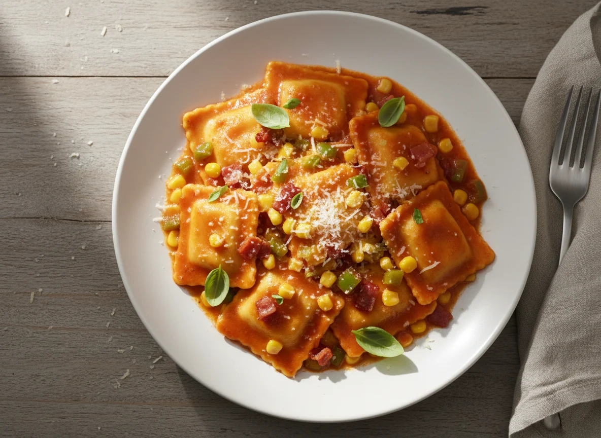 Ravioli com molho de milho e bacon photo