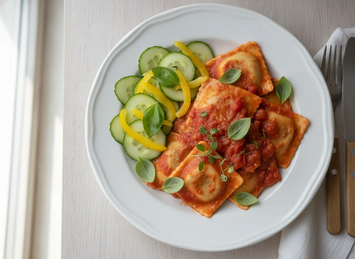 Ravioli com molho de tomate e salada de pepino photo