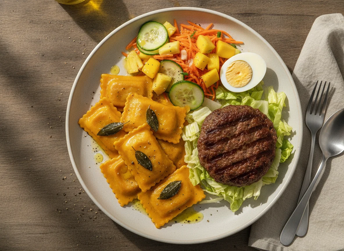 Ravioli de abóbora com hambúrguer e salada photo