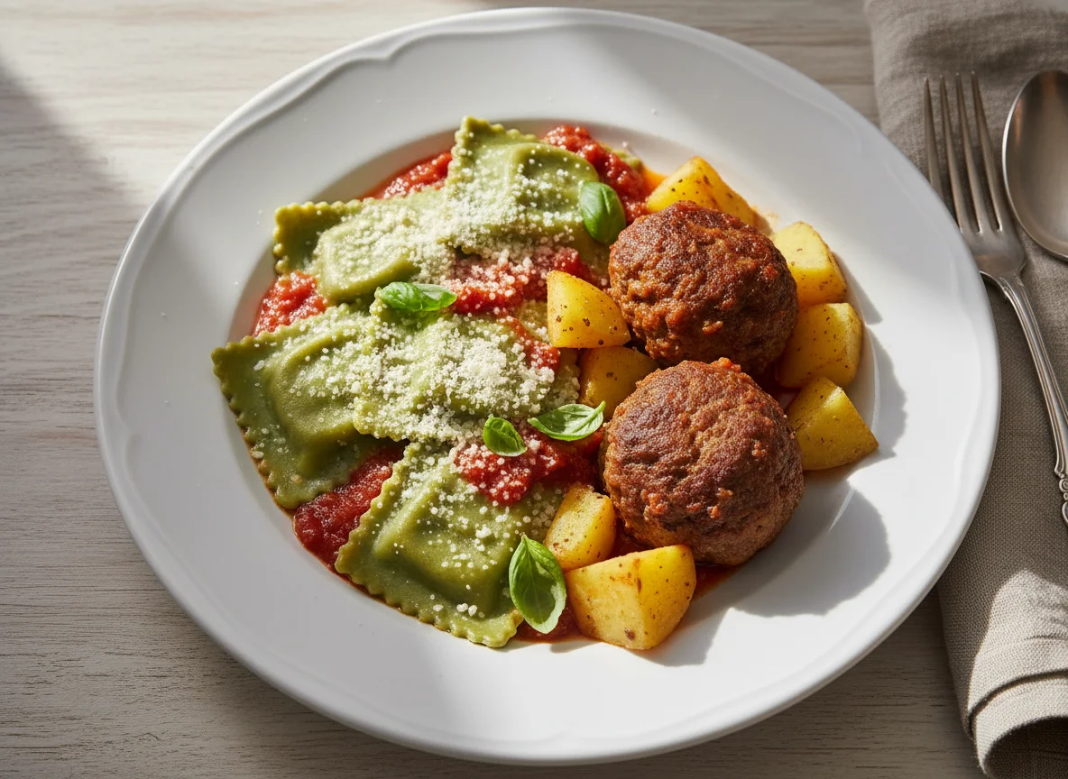 Ravioli verde com almôndega e batatas photo