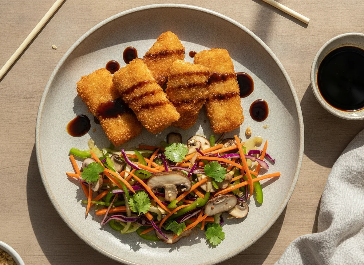 Refeição Asiática com Peixe Empanado e Salada de Cogumelos photo