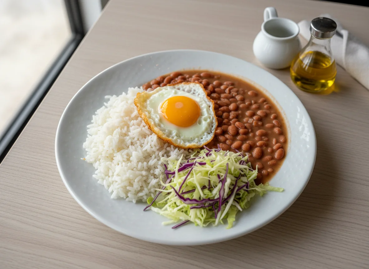 Refeição brasileira com arroz, feijão, ovo frito e salada de repolho photo