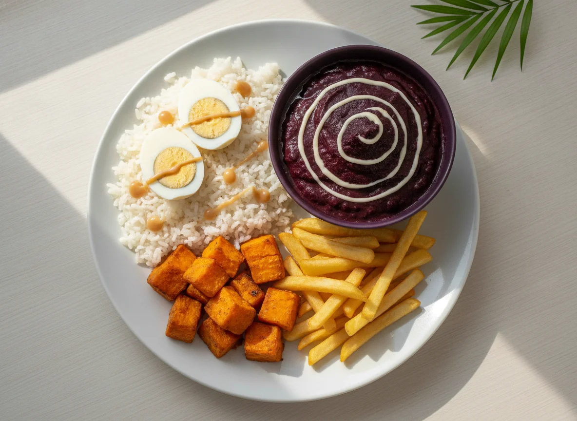 Refeição Brasileira com Arroz, Ovos, Batata Doce, Batata Frita e Açaí photo