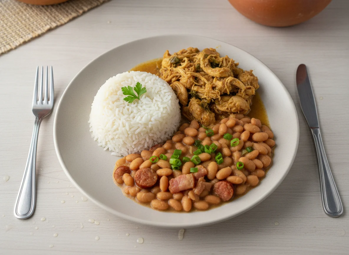 Refeição caseira com arroz, frango e feijão photo