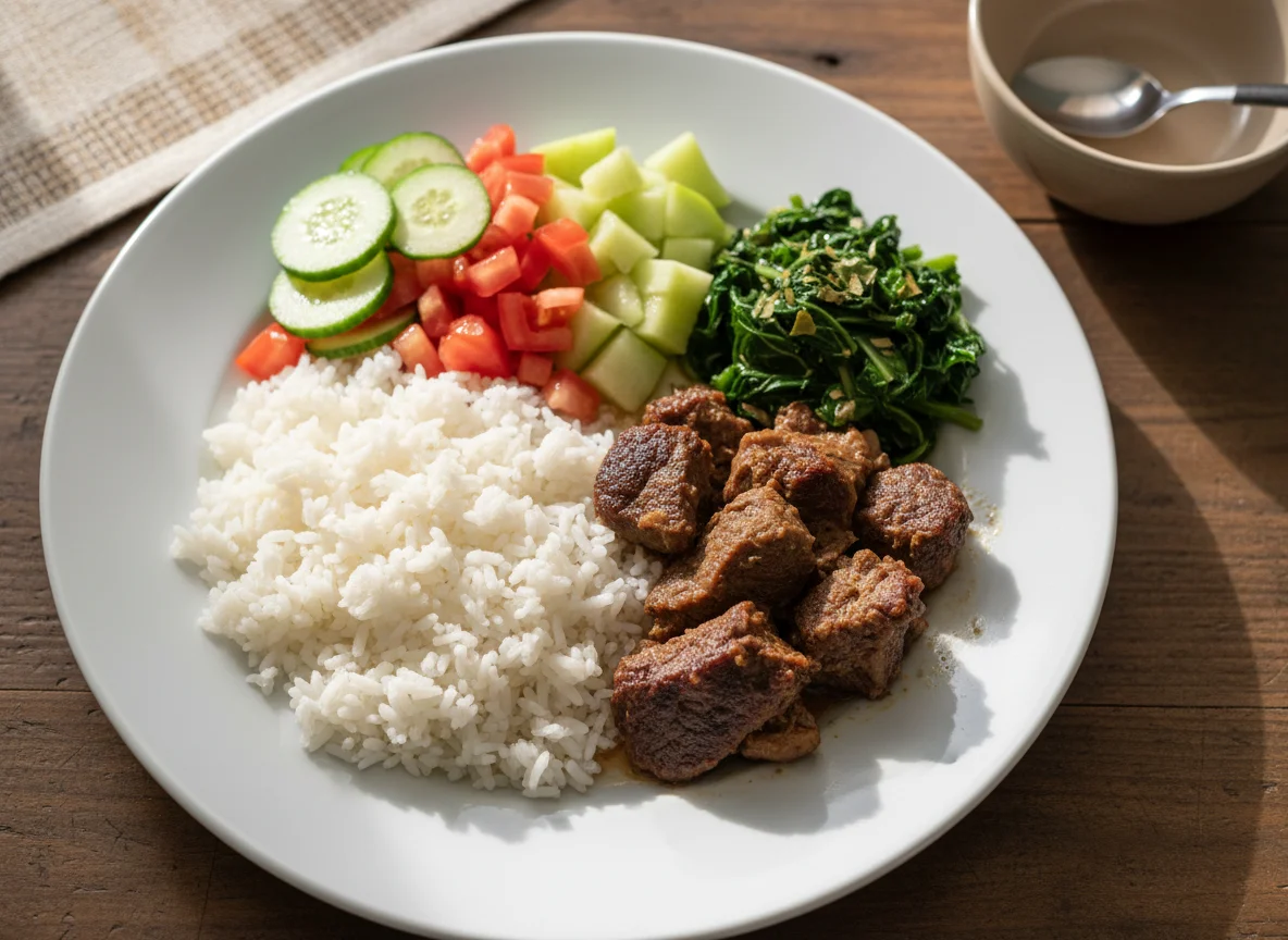 Refeição caseira com carne e saladas photo