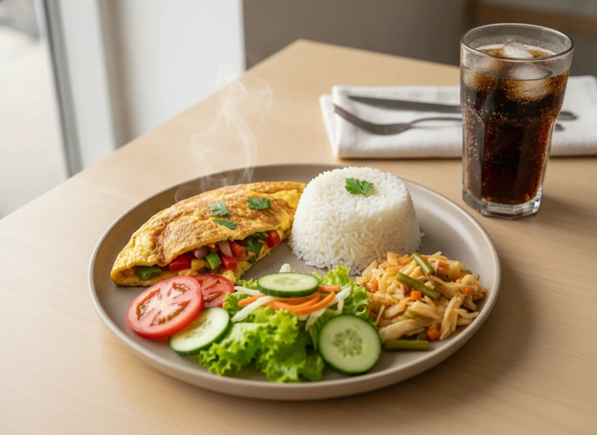 Refeição caseira com omelete, arroz, salada e refrigerante photo