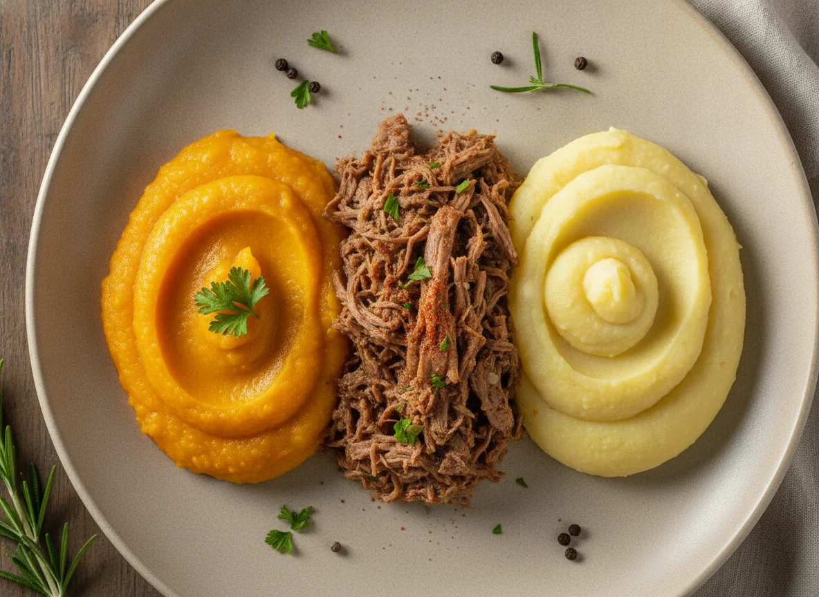 Refeição com abóbora, batata e carne photo