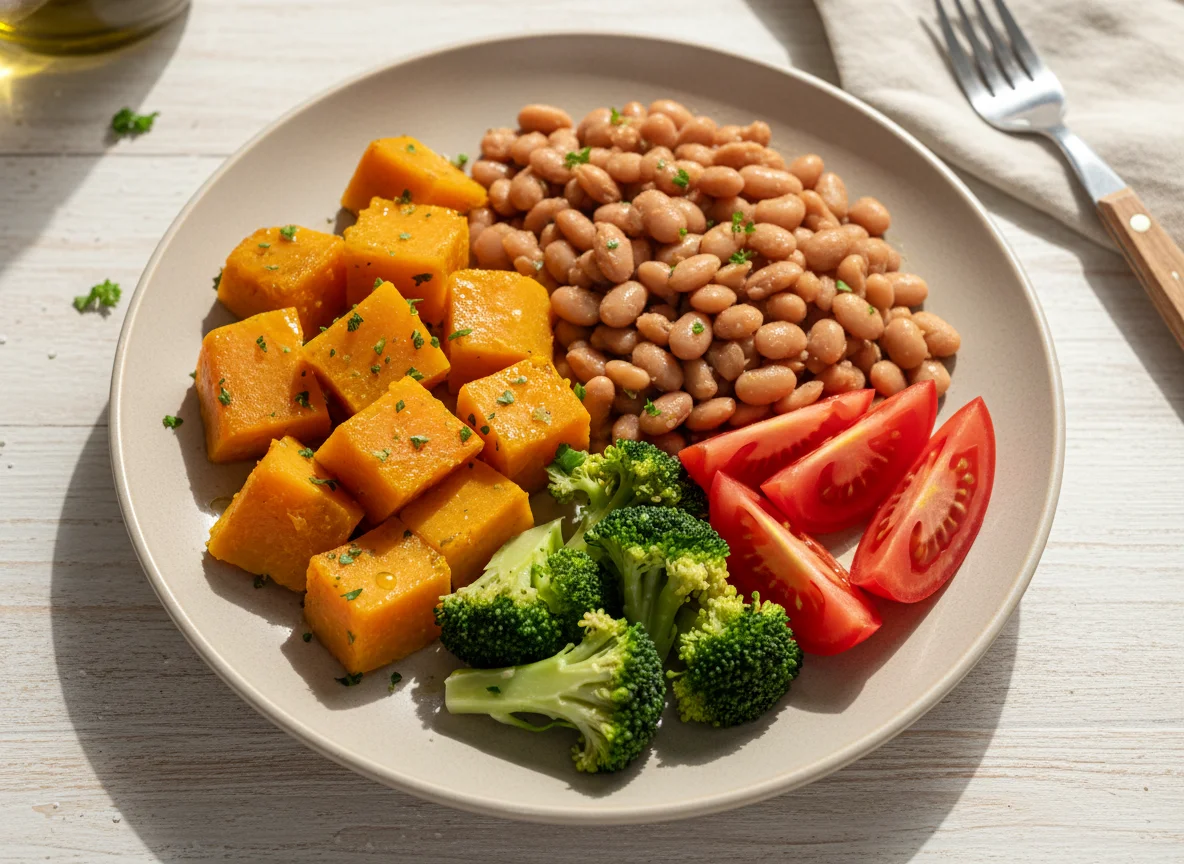 Refeição com abóbora, feijão, brócolis e tomate photo