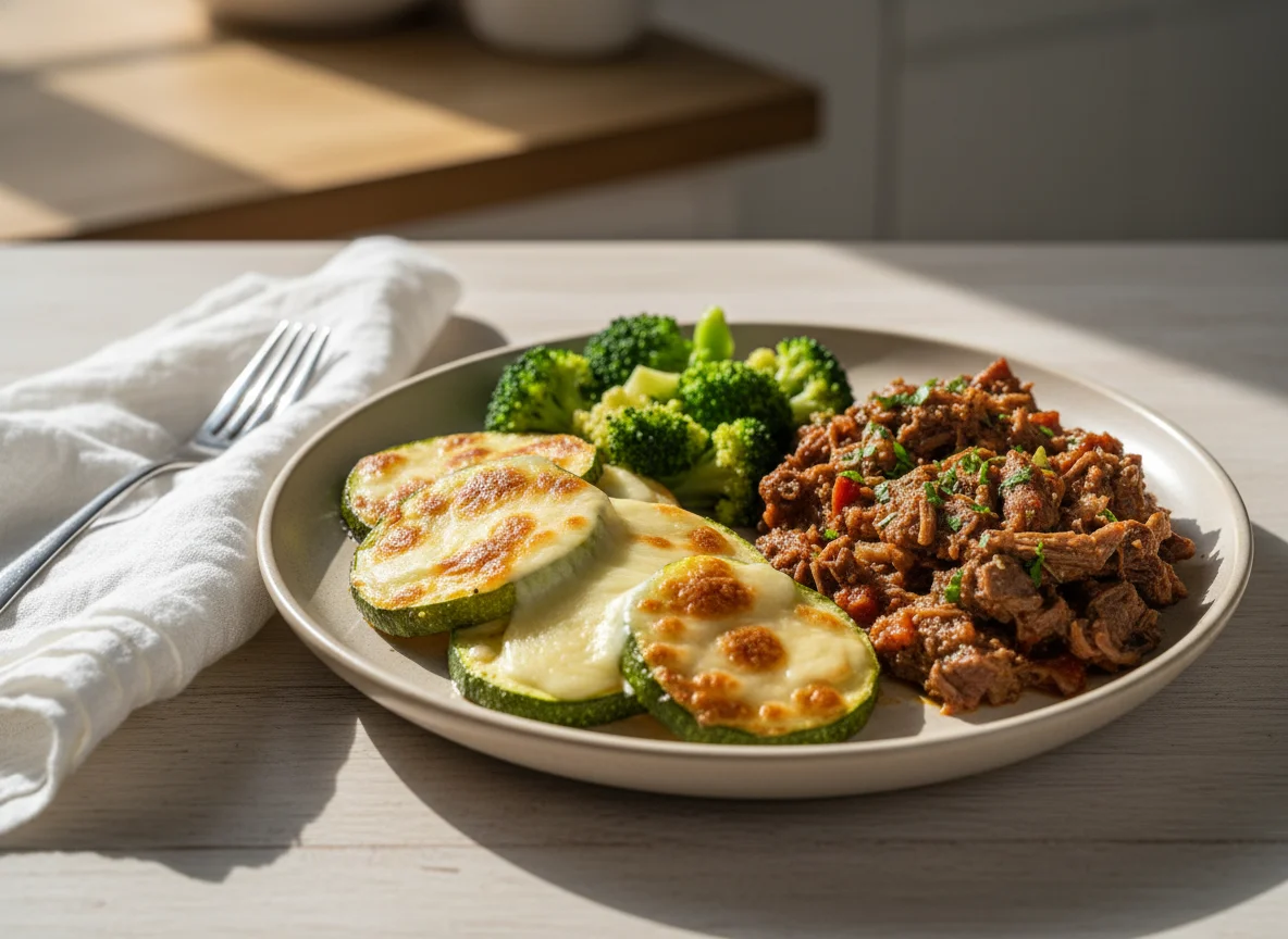 Refeição com abobrinha gratinada, brócolis e carne photo