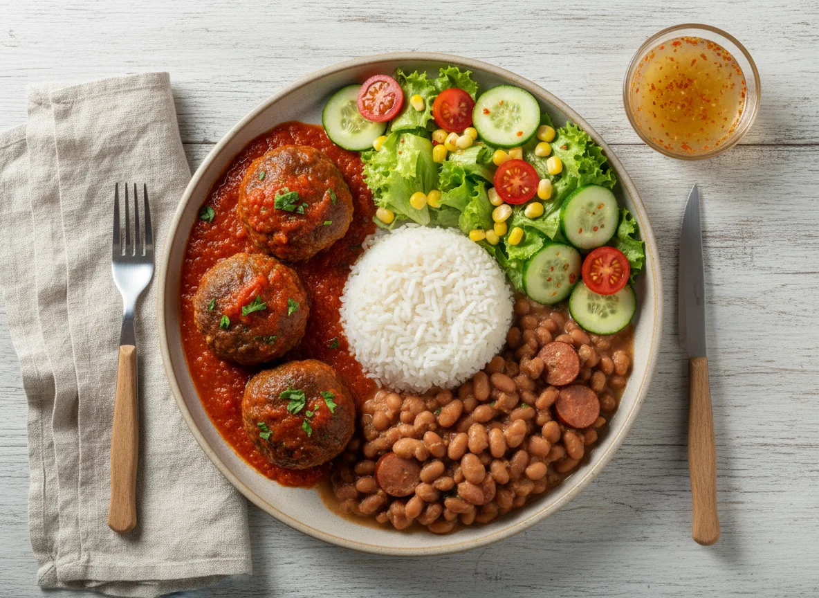 Refeição com almôndegas, arroz, feijão e salada photo