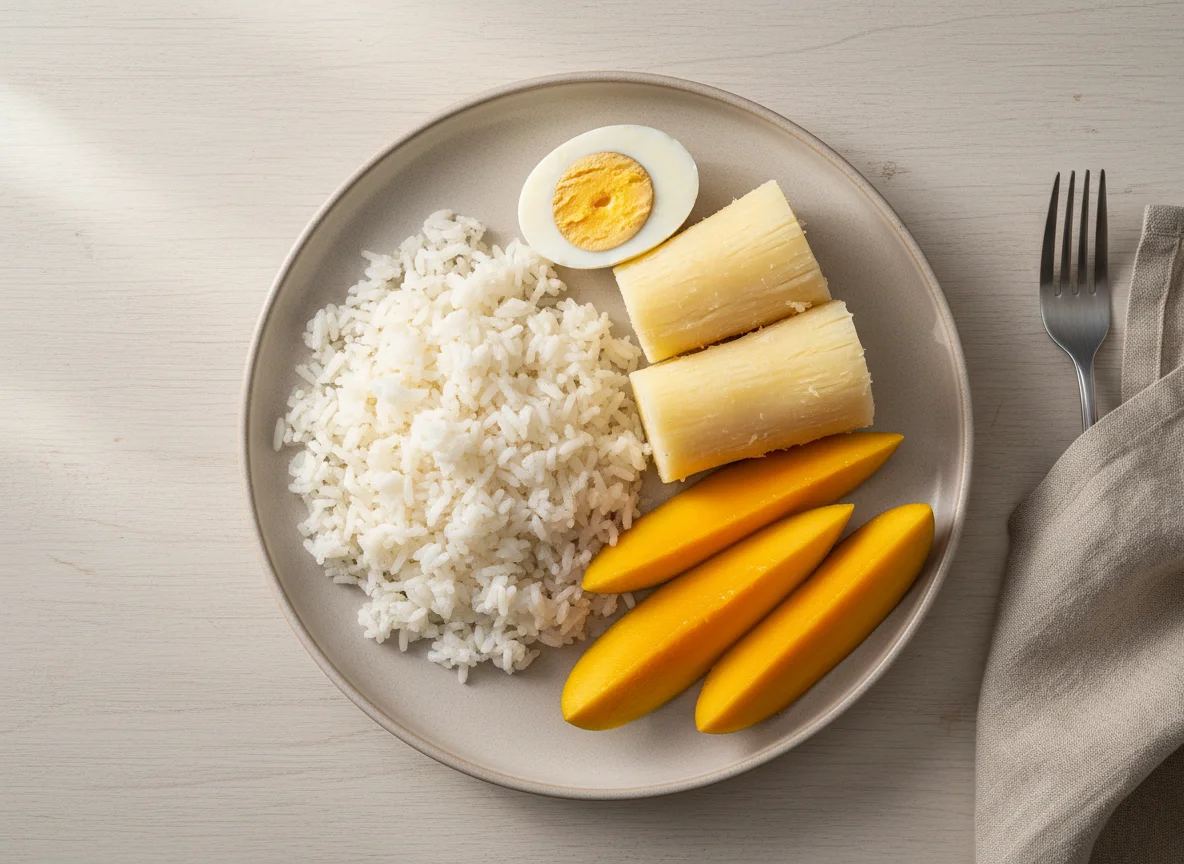 Refeição com arroz, aipim, ovo cozido e manga photo