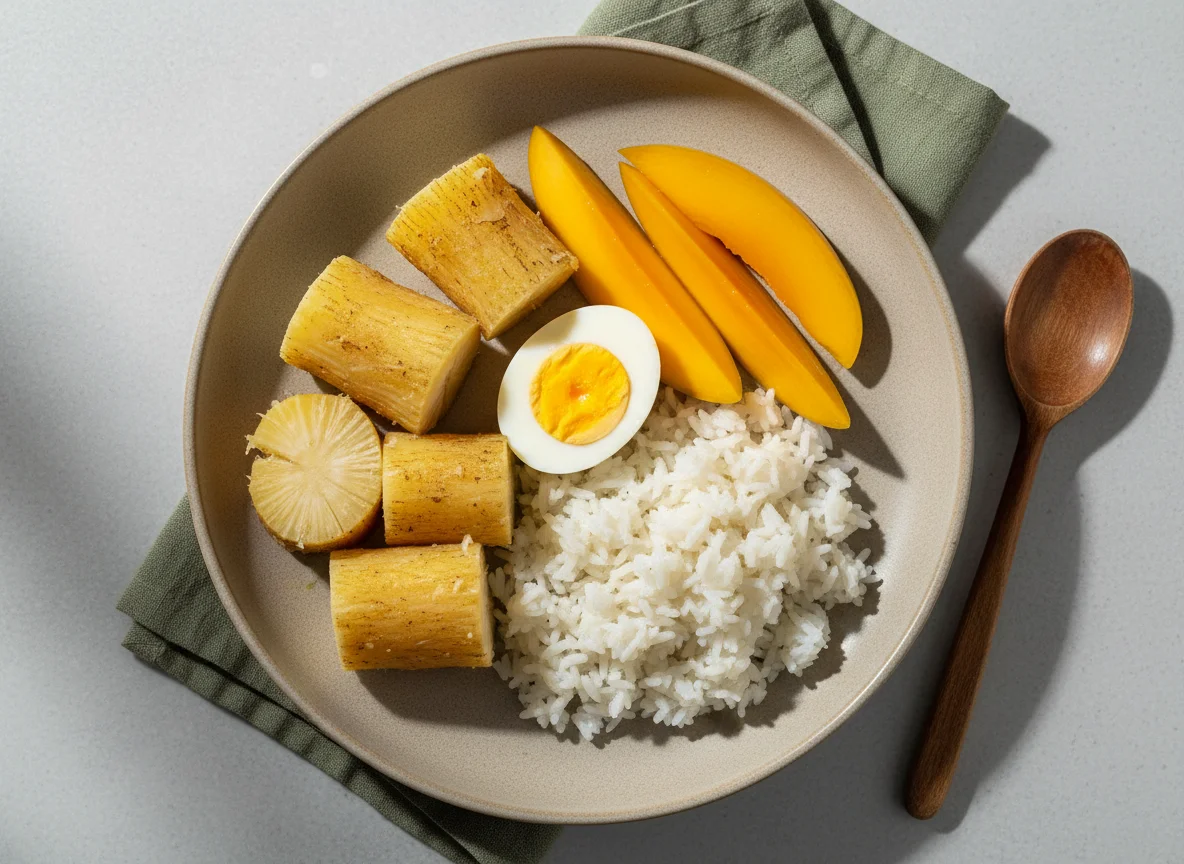 Refeição com arroz, aipim, ovo e manga photo