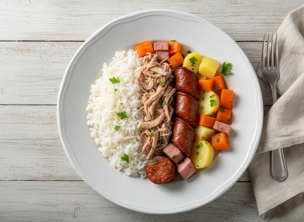 Refeição com arroz, carne de porco e legumes photo