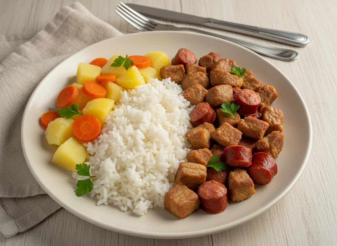 Refeição com arroz e carne de porco photo