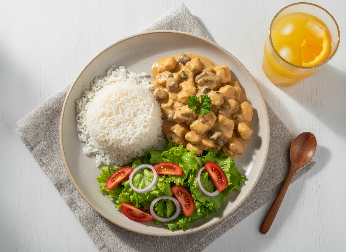 Refeição com arroz, estrogonofe, salada e suco photo