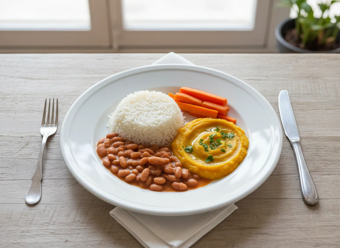 Refeição com arroz, feijão, creme e legumes photo