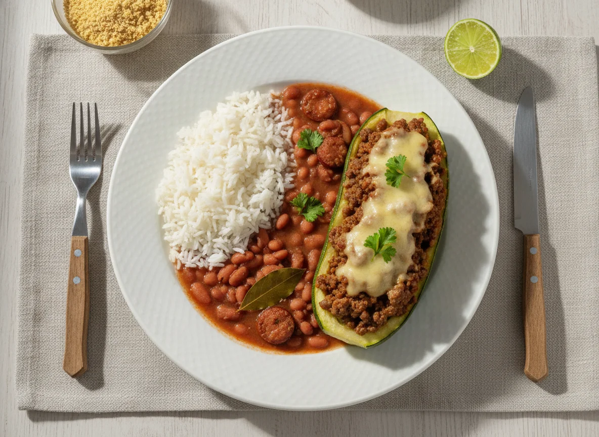 Refeição com arroz, feijão e abobrinha recheada photo