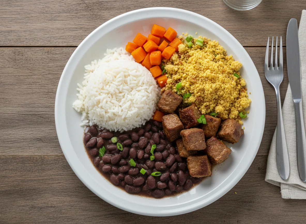 Refeição com arroz, feijão e farofa photo