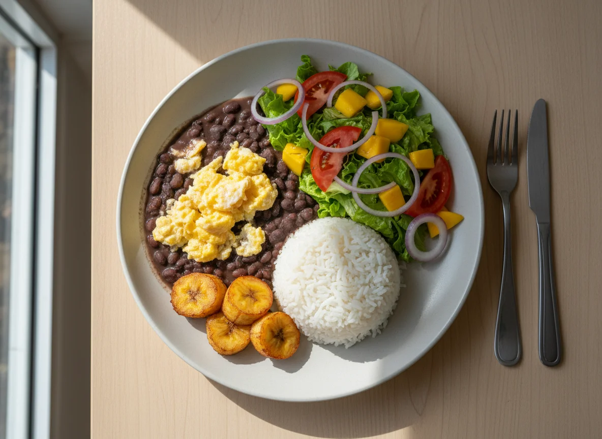 Refeição com arroz, feijão, ovos e salada photo