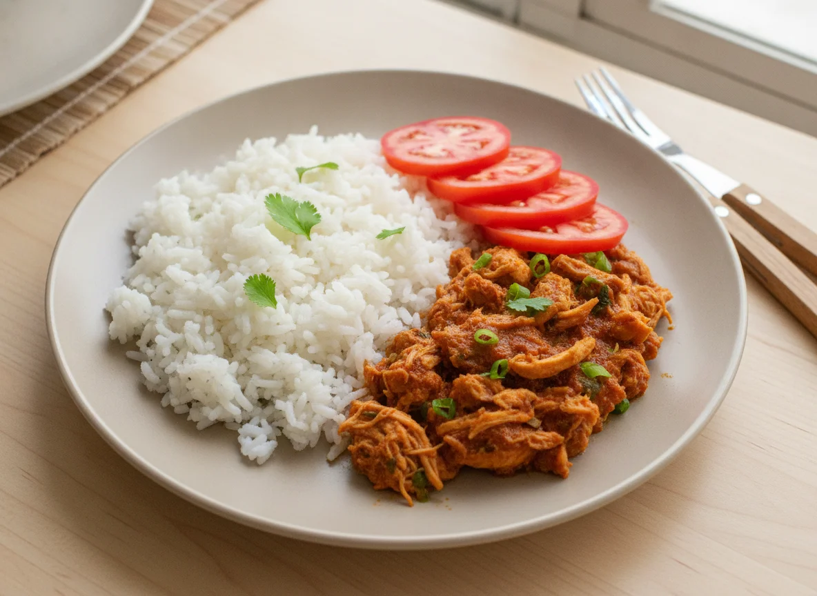 Refeição com arroz, frango desfiado e tomate photo