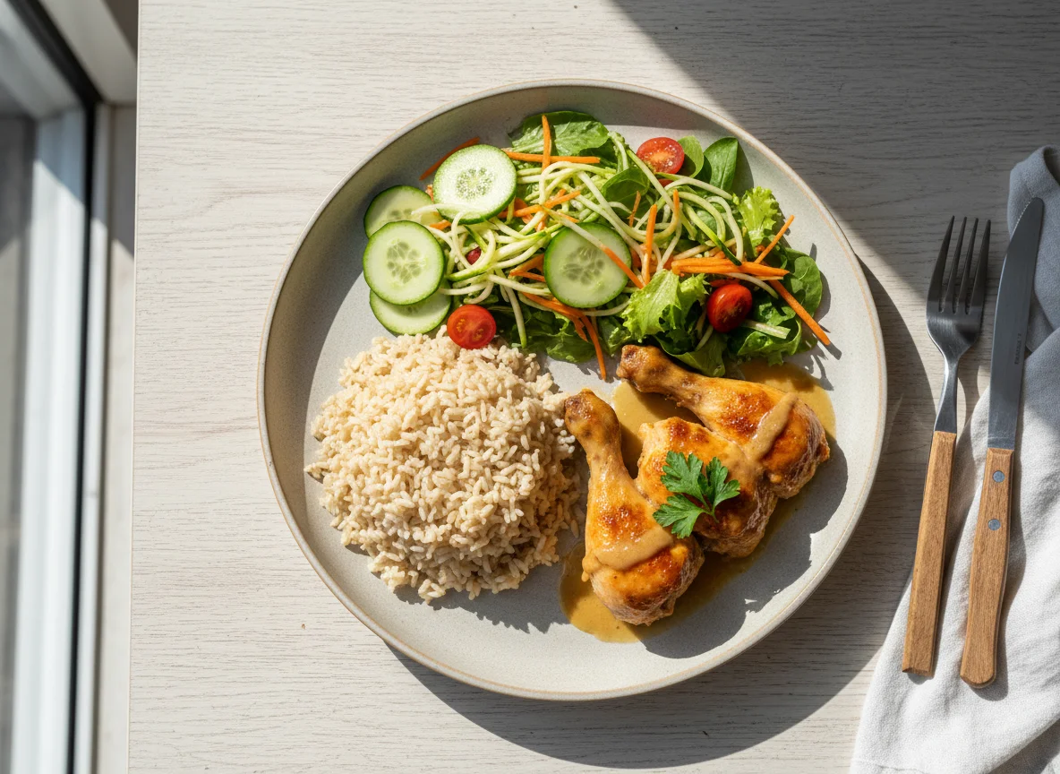 Refeição com arroz, frango e salada photo