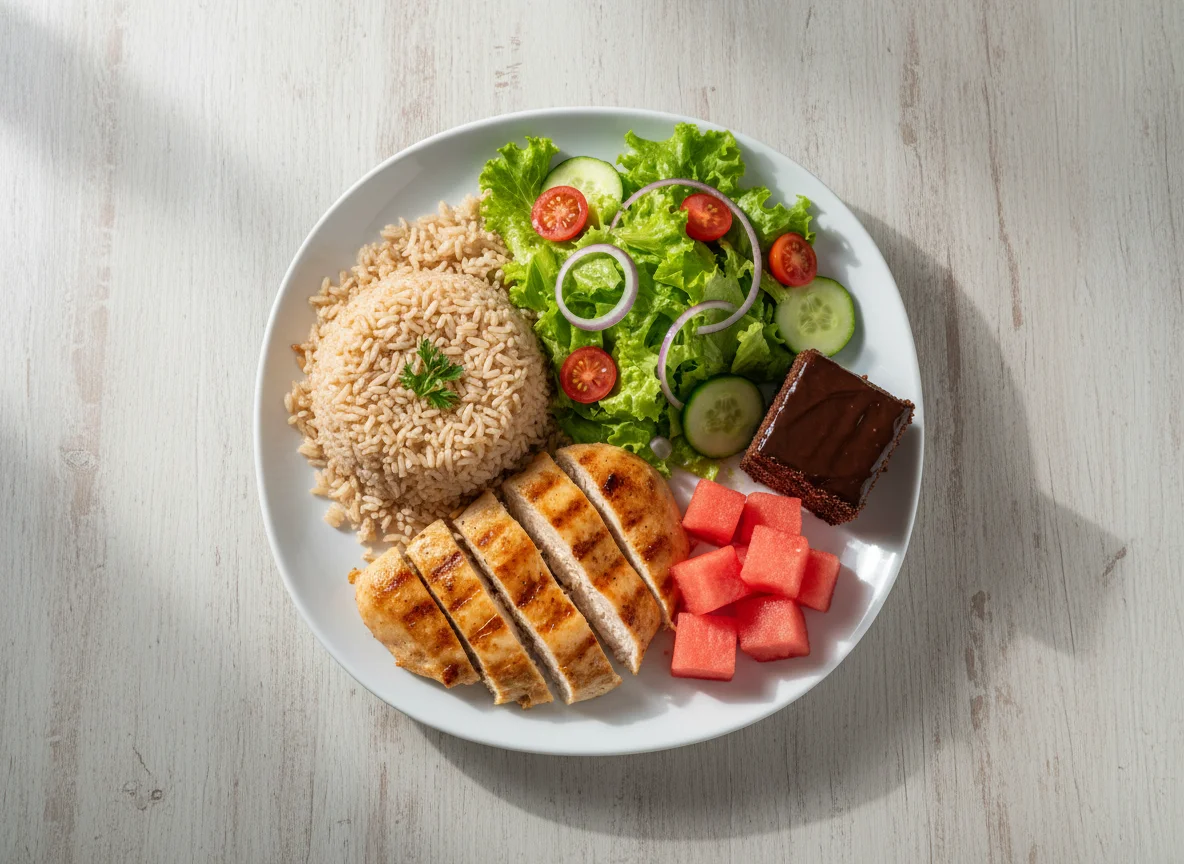 Refeição com arroz integral, frango, salada e sobremesa photo