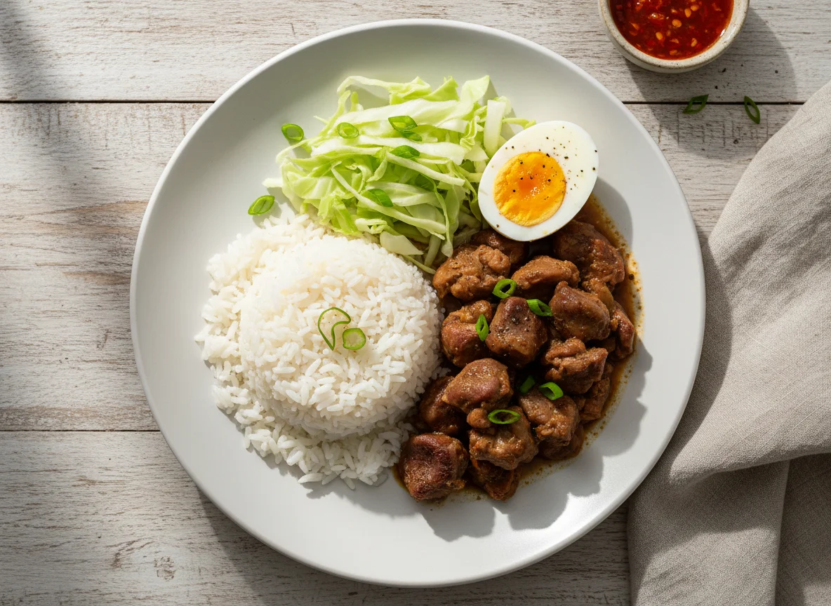 Refeição com arroz, moela, repolho e ovo cozido photo