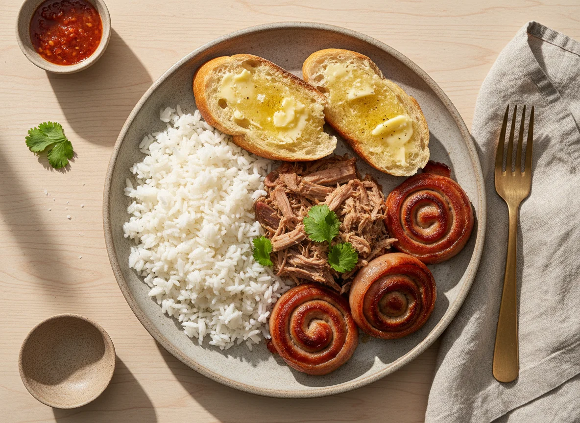 Refeição com arroz, pão e carne photo