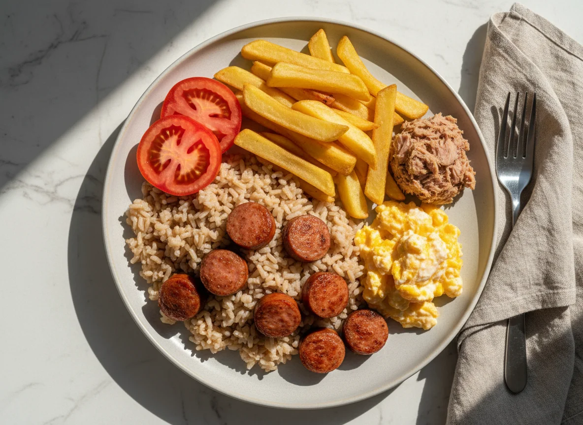 Refeição com arroz, tomate, batatas fritas e salsichas photo