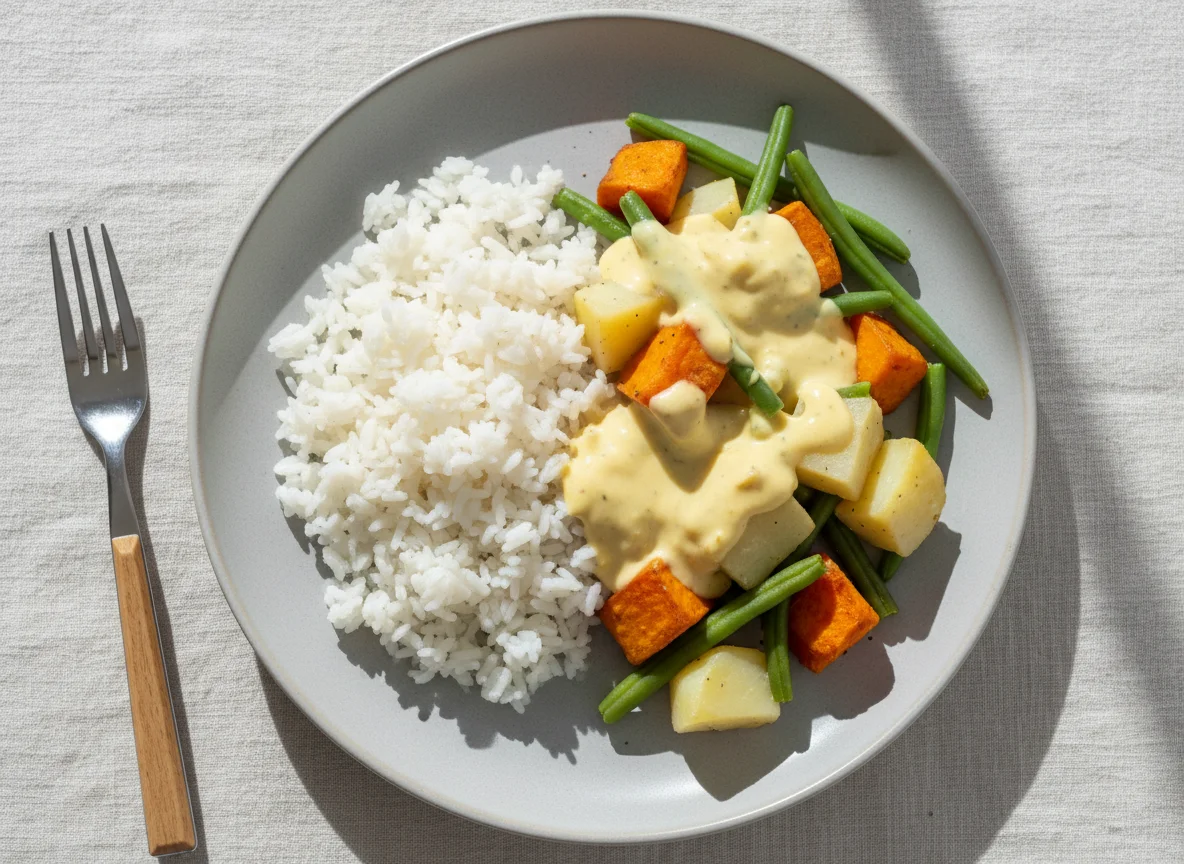 Refeição com arroz, vegetais e molho cremoso photo