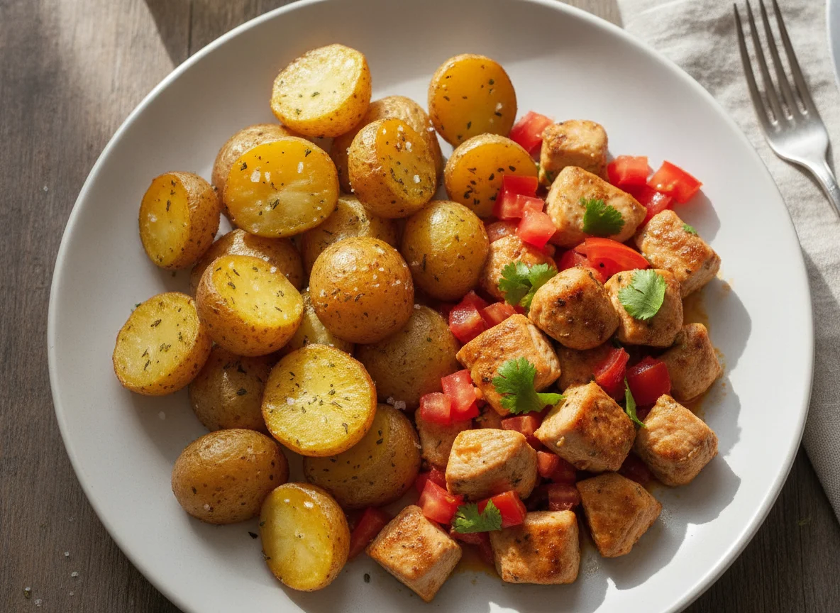Refeição com batata assada, frango e tomate photo