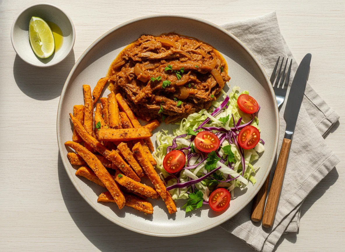 Refeição com batata doce, carne e salada photo