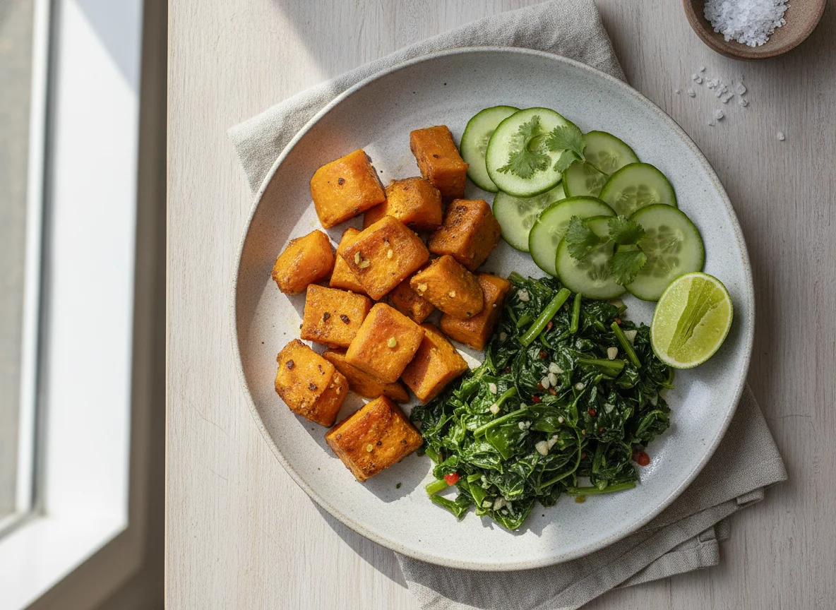 Refeição com batata doce, couve e pepino photo