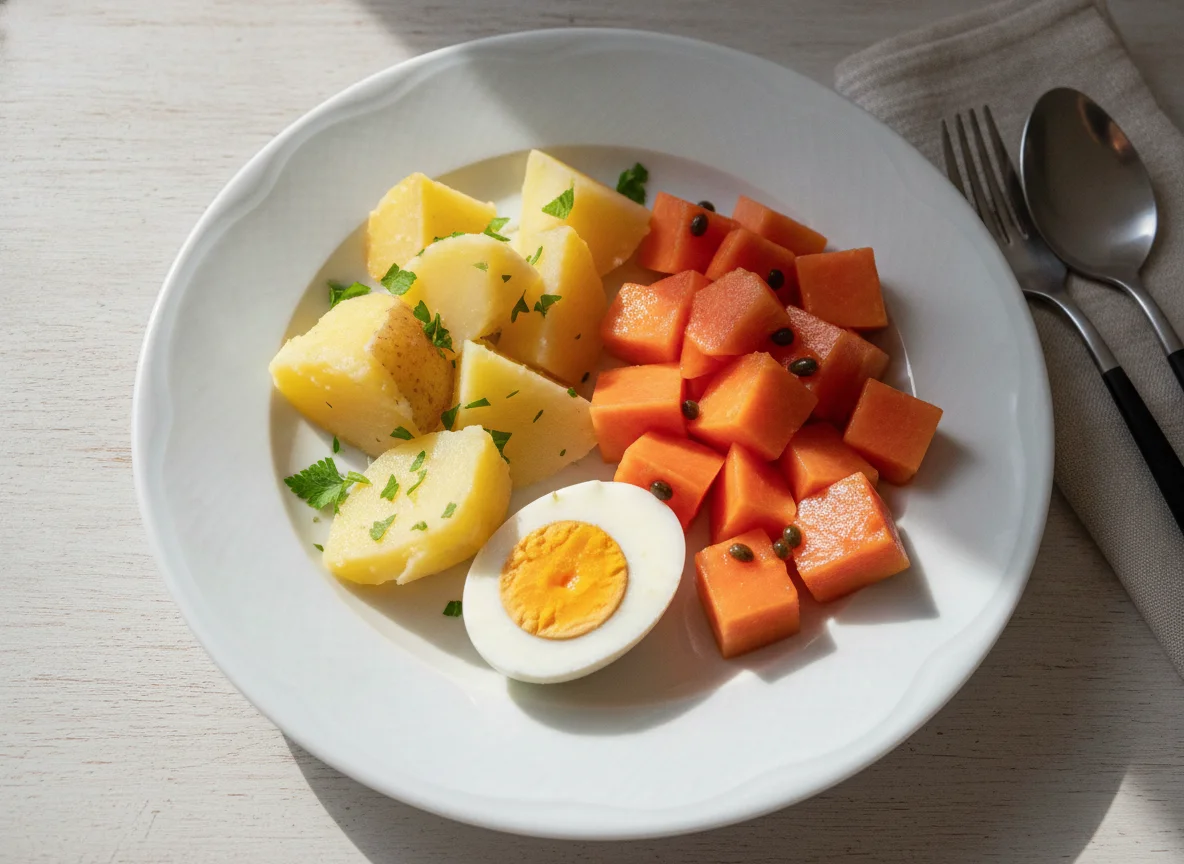 Refeição com batata, ovo e mamão photo
