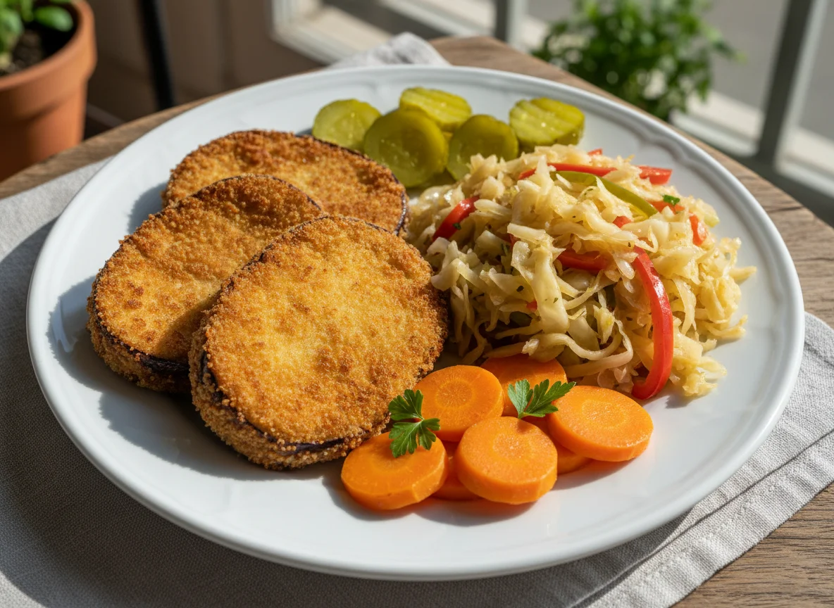 Refeição com berinjela à milanesa e vegetais photo