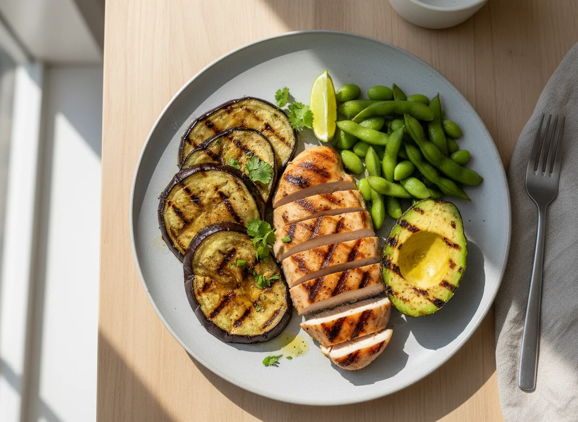 Refeição com berinjela, abacate, edamame e frango grelhados photo