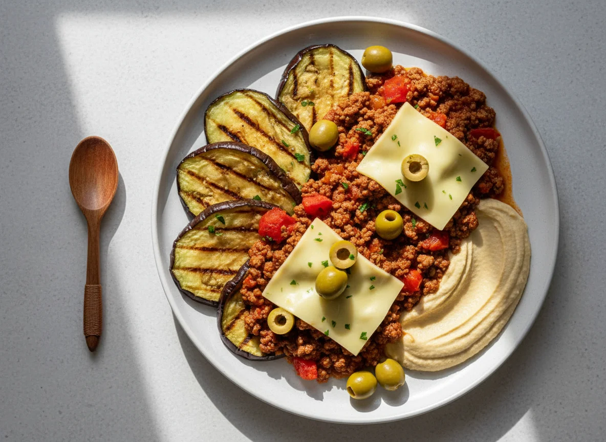 Refeição com berinjela grelhada e carne moída photo