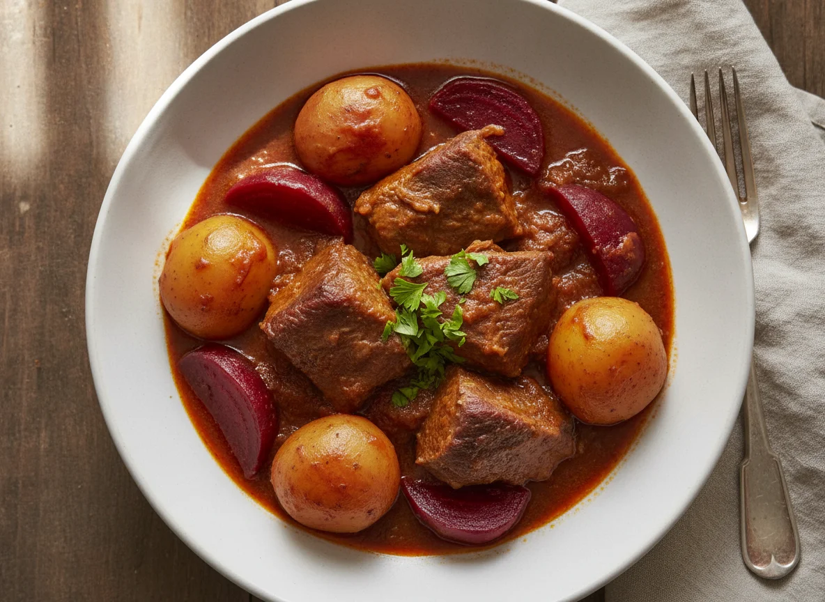 Refeição com beterraba, batata e carne ensopada photo