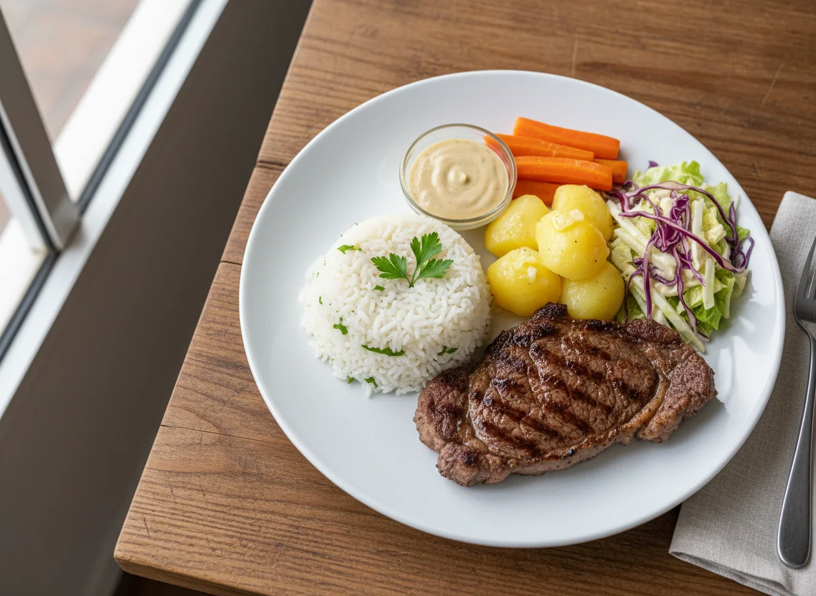 Refeição com bife, arroz e legumes photo