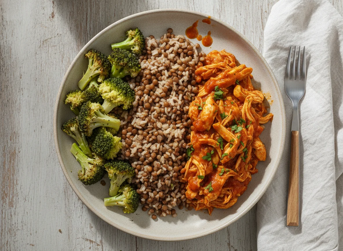 Refeição com brócolis, arroz integral e frango com molho photo