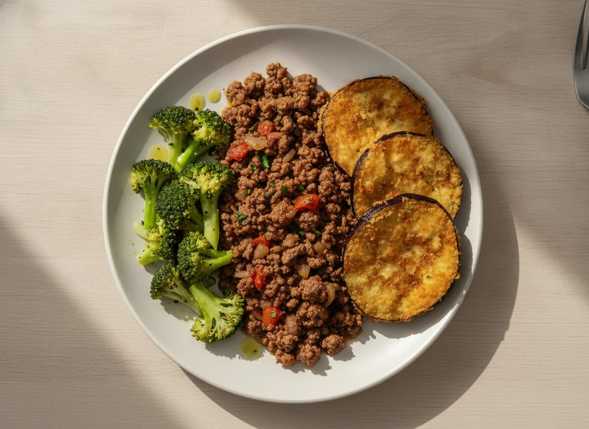 Refeição com brócolis, carne moída e berinjela empanada photo