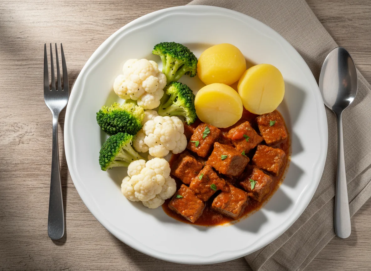 Refeição com brócolis, couve-flor e carne com molho photo