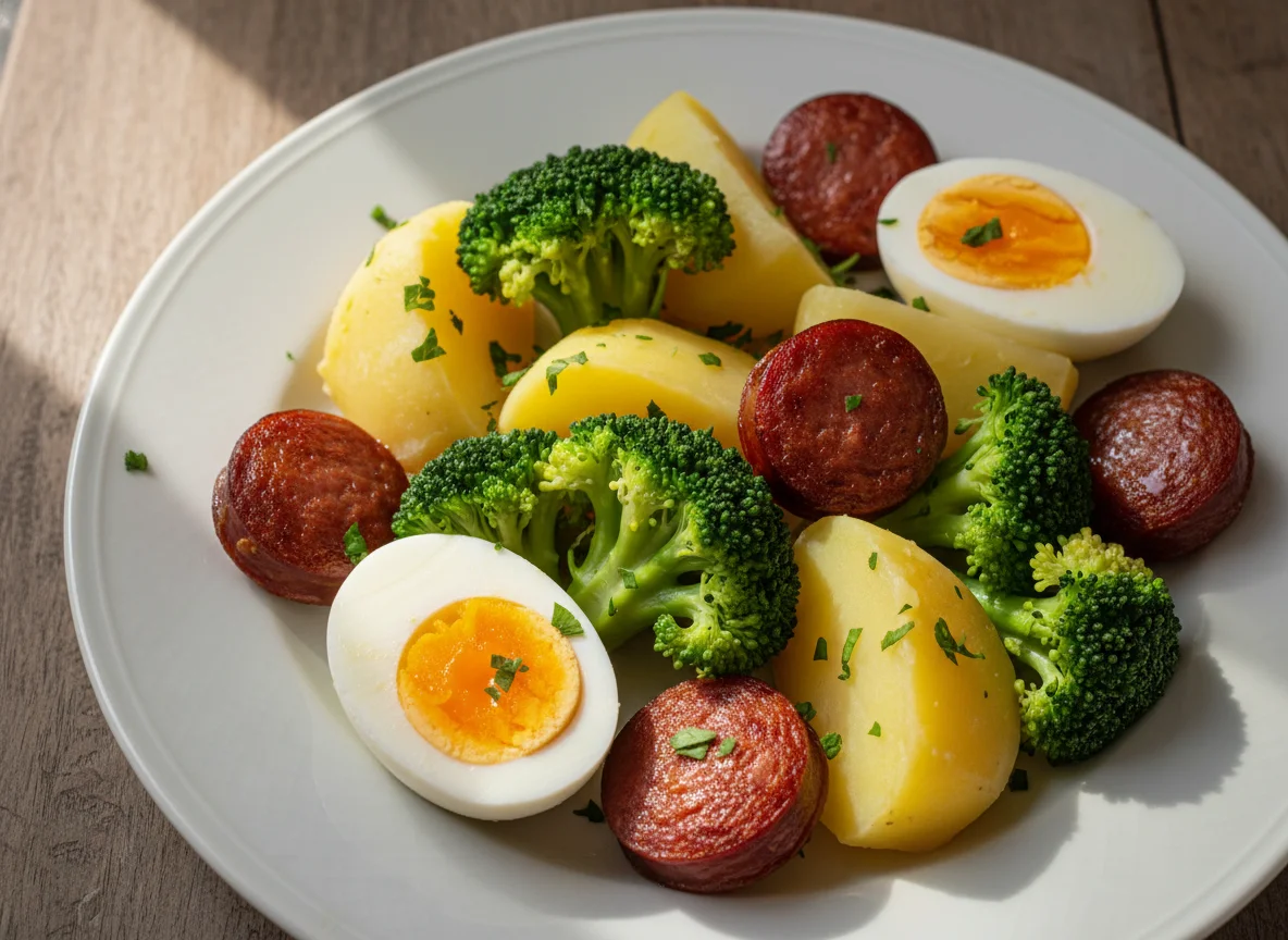 Refeição com brócolos, batatas, ovos e chouriço photo